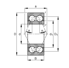 角接觸球軸承 3810-B-TVH, 雙列，接觸角 α = 25°