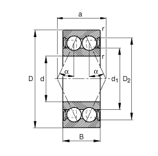 角接觸球軸承 3007-B-2RSR-TVH, 雙列，雙側(cè)唇密封，接觸角 α = 25°
